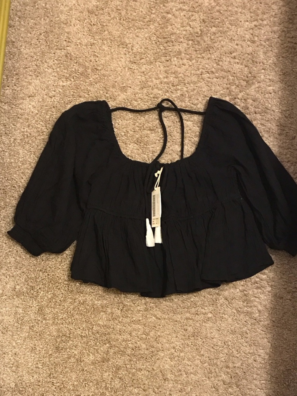 Vintage Havana Black Cropped Smocked Peasant Blouse with Tie